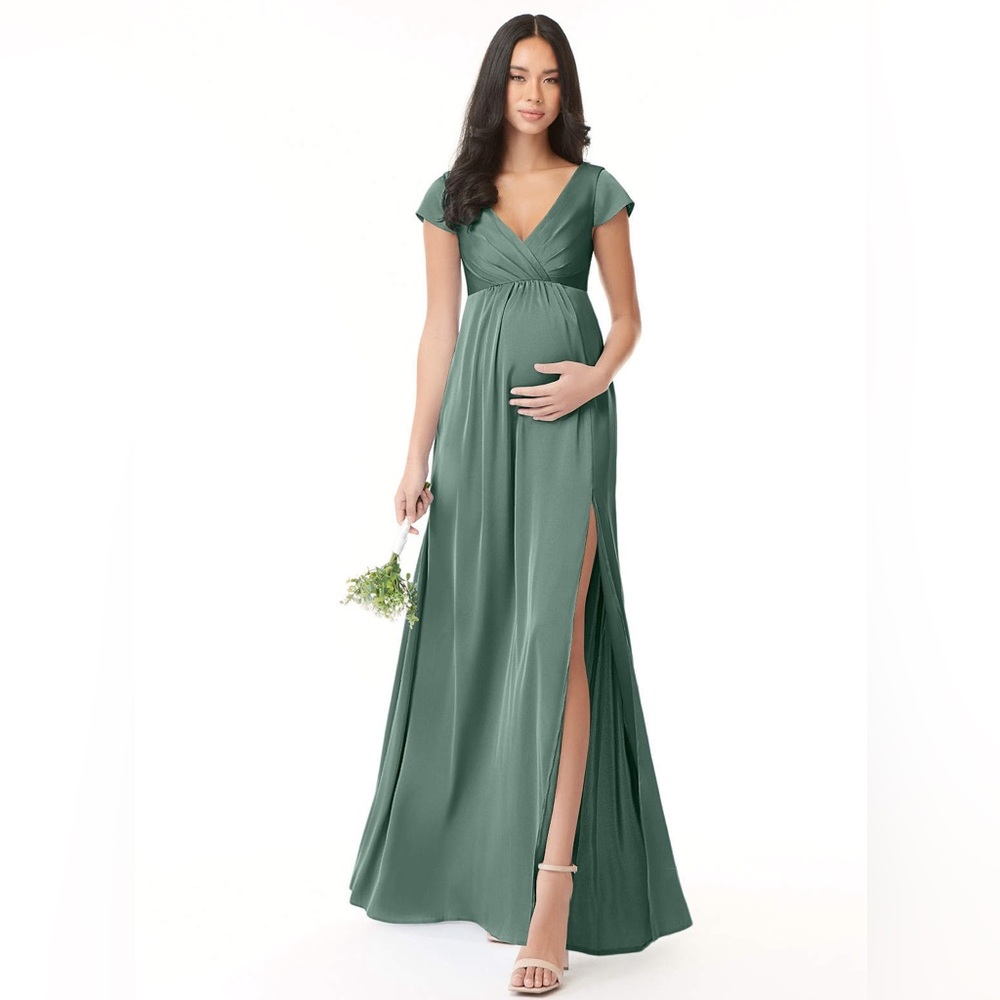 Azazie Green Maternity Maxi Dress with Side Slit